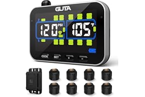 GUTA Trailer Tire Pressure Monitoring System, RV Tire Pressure Monitor with 8 Sensors, 6 Alert Modes, Signal Booster, Large Color Display, Long Sensing Distance, 0-188PSI TPMS for RV Trailer Semi