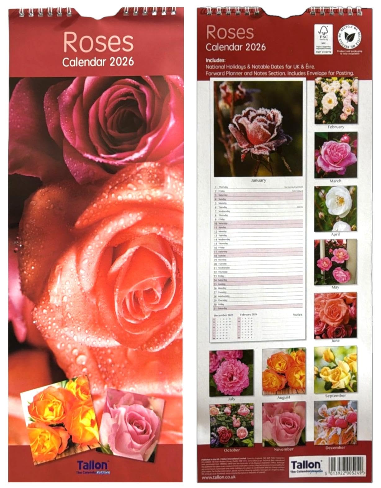 2026 Super Slim Month to View Spiral Bound Hanging Wall Calendar Home Office (ROSES)