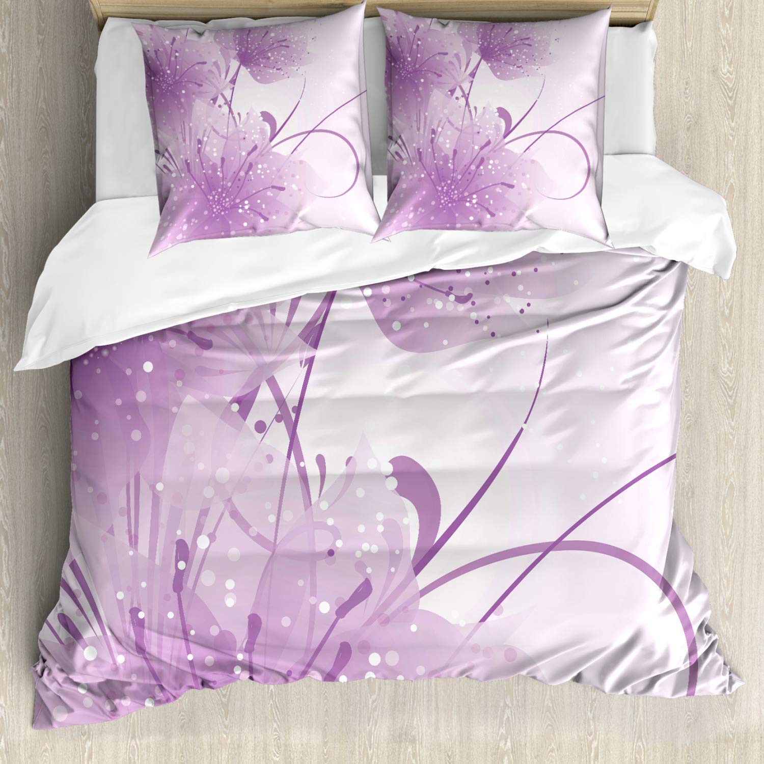ABAKUHAUS Purple Fitted Sheet, Vector Flowers Butterfly, Decorative 3 Piece Bedding Set with 2 Pillow Shams, 155 cm x 200 cm - 80 x 80 cm, Violet and White