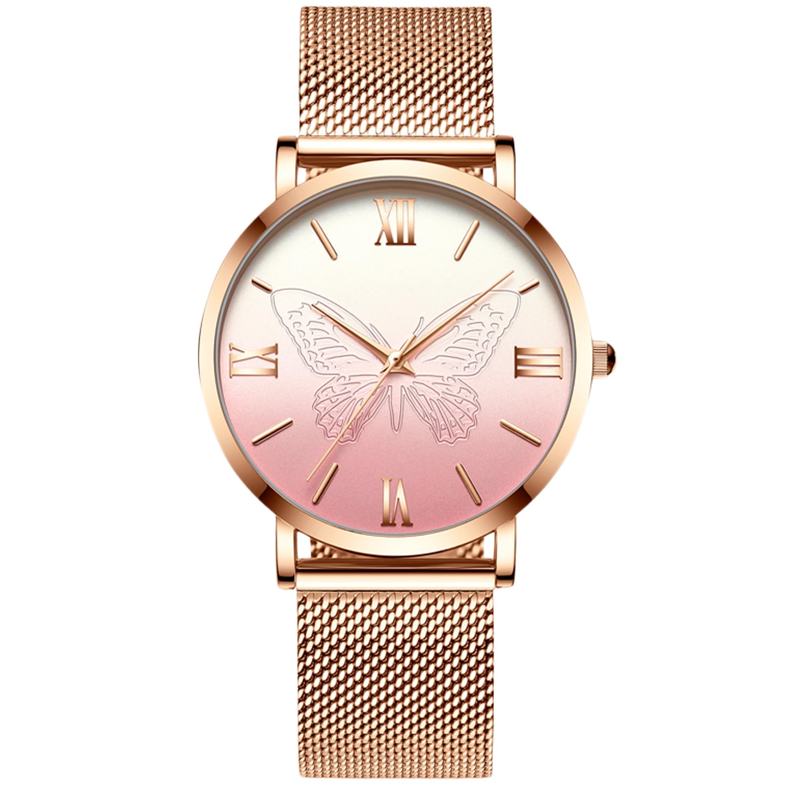 RORIOS Fashion Womens Watches Analogue Quartz Watch Butterfly Dial with Stainless Steel Mesh Strap Casual Ladies Wristwatch