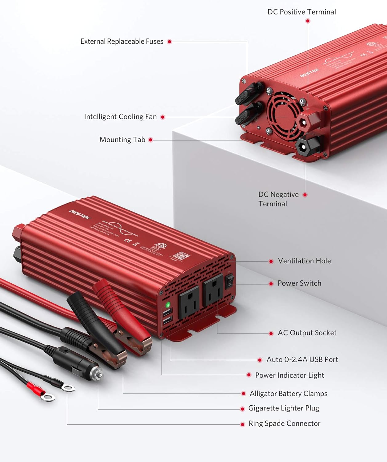 BESTEK 500W Pure Sine Wave Power Inverter DC 12V to AC 110V Car Plug Inverter Adapter Power Converter with 4.2A Dual USB Charging Ports and 2 AC Outlets Car Charger, ETL Listed: Car Electronics