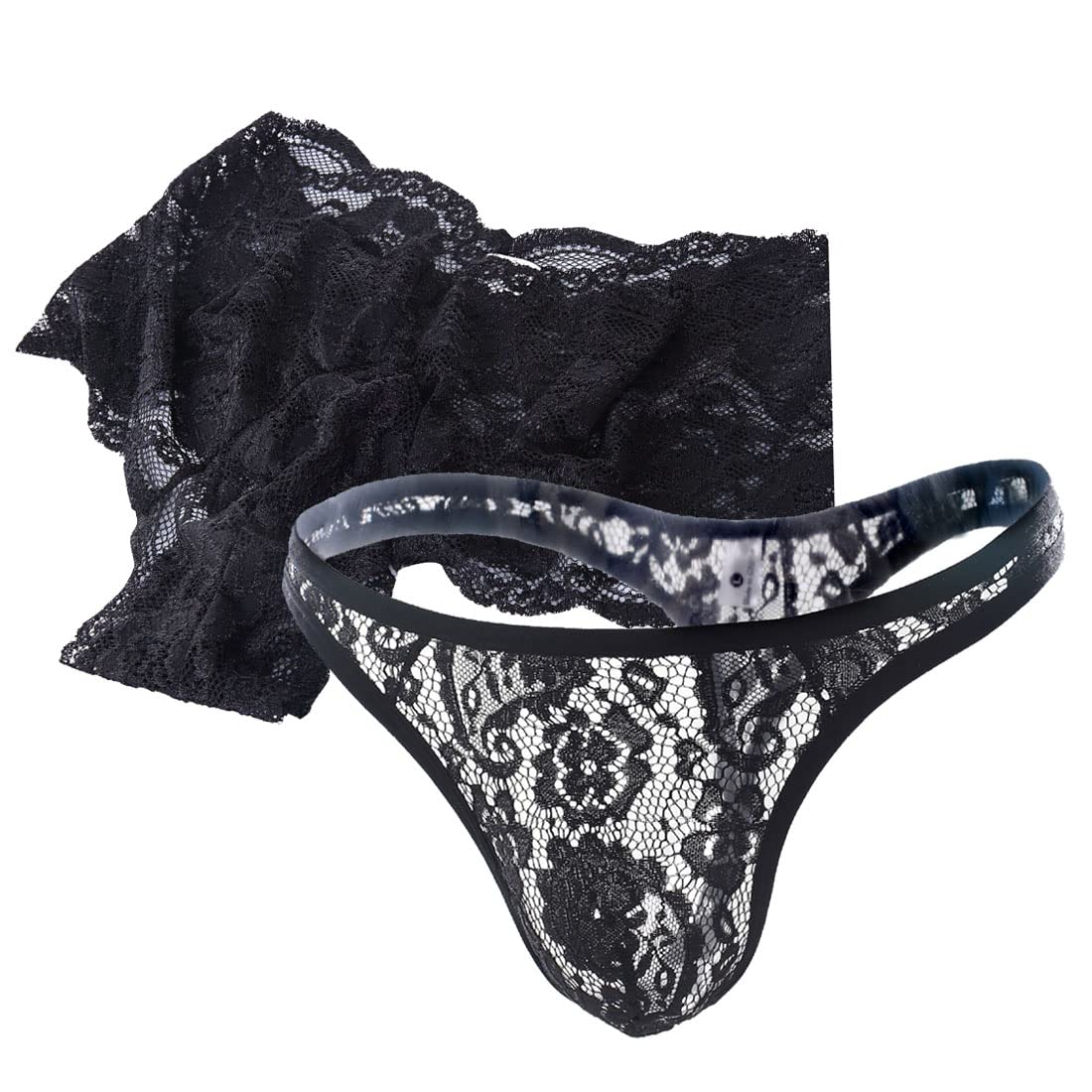 VemeFufu Men's Thong Lace Underwear Briefs Boxers Underpants for Men UK Hot Funny Bikini Mankini G-String Low Rise Stretchy Lingerie Costume 2 Pack Black