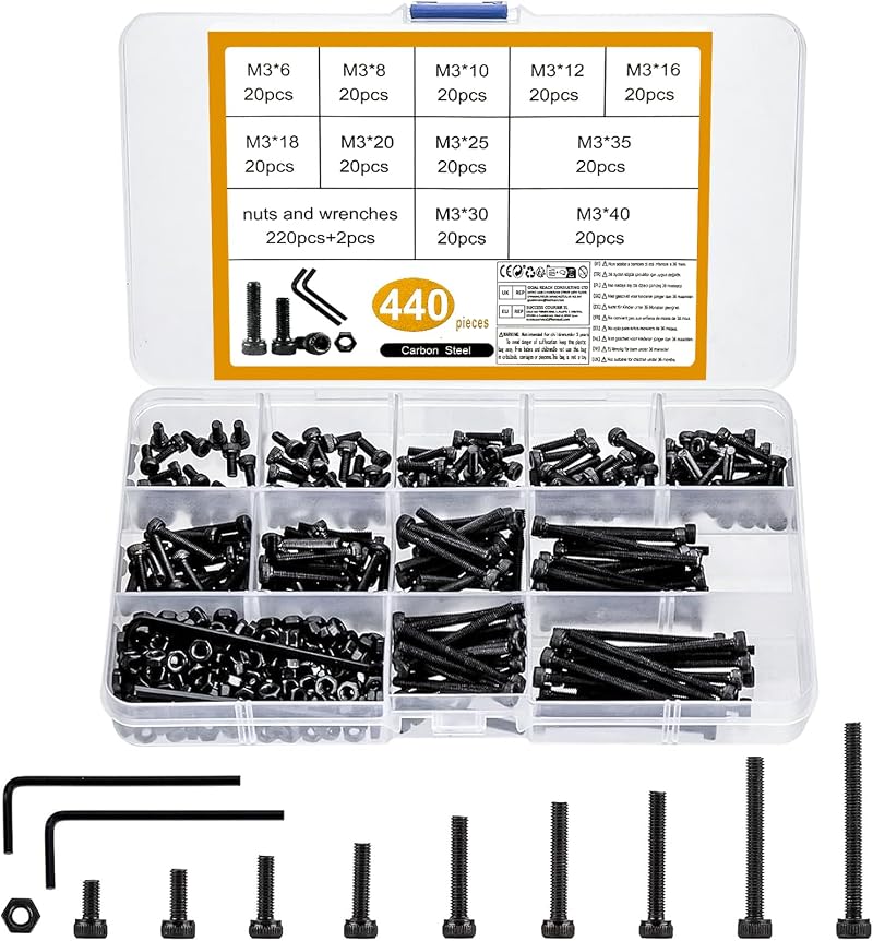HAOCHEN 440Pcs M3 Black Bolts Nuts Set Alloy Steel Hex Wrench Kit