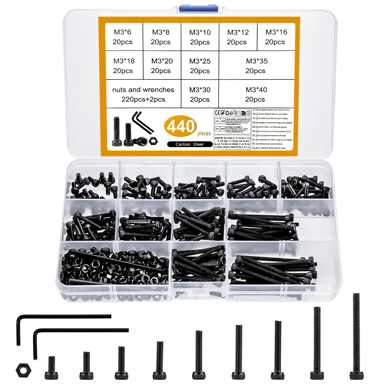 440-Piece M3 black Bolts and Nuts Set, Alloy Steel Allen Screws Bolts and Nuts Assortment Kit, Allen Machine Screws with 2-Piece Hex Wrench — image 1