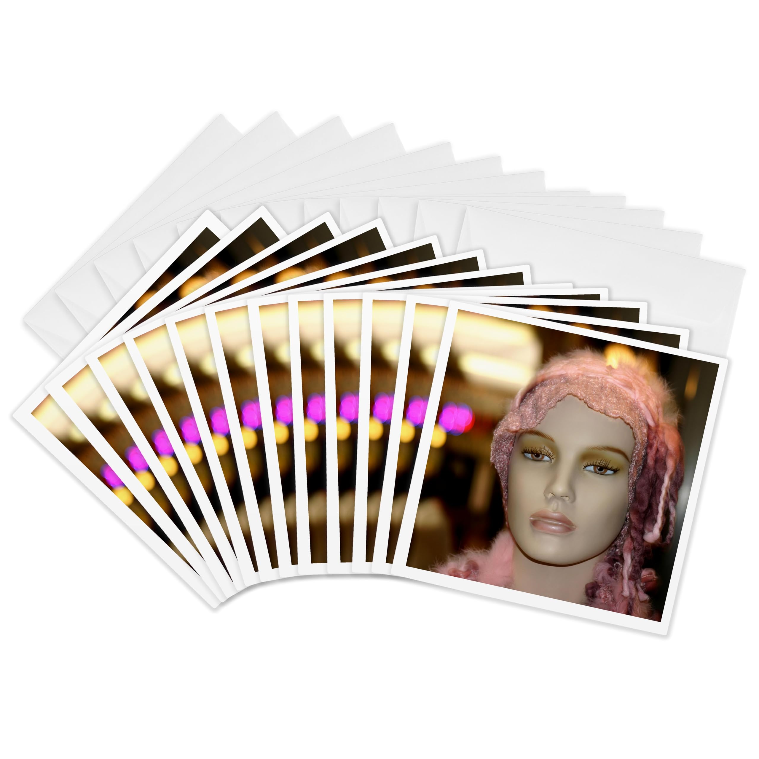 3dRose gc_158253_2 6 x 6-Inch "Mannequin in a Shopping Hallway - Eyes, Manikin, Shop, Fashion, Woman, Female, Clothing" Greeting Card (Set of 12)