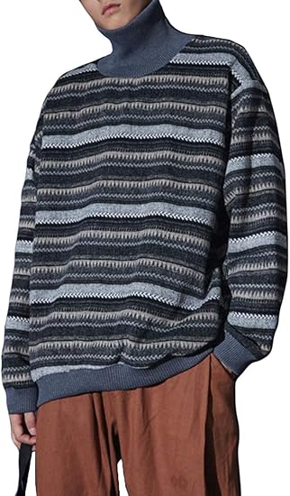 Amazon ニカ メンズ セーター ハイネック 丸首 黒 ニットセーター 秋 冬 厚手 ラシャセーター 防寒 ゆったり シンプル ストライプ セーター オーバーサイズ ハンサム お洒落 カジュアル 韓国風セーター 男性 セーター 通販