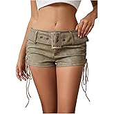 MakeMeChic Women's PU Leather Micro Shorts Lace Up Ruched Low Waist Belted Y2K Rave Going Out Mini Shorts