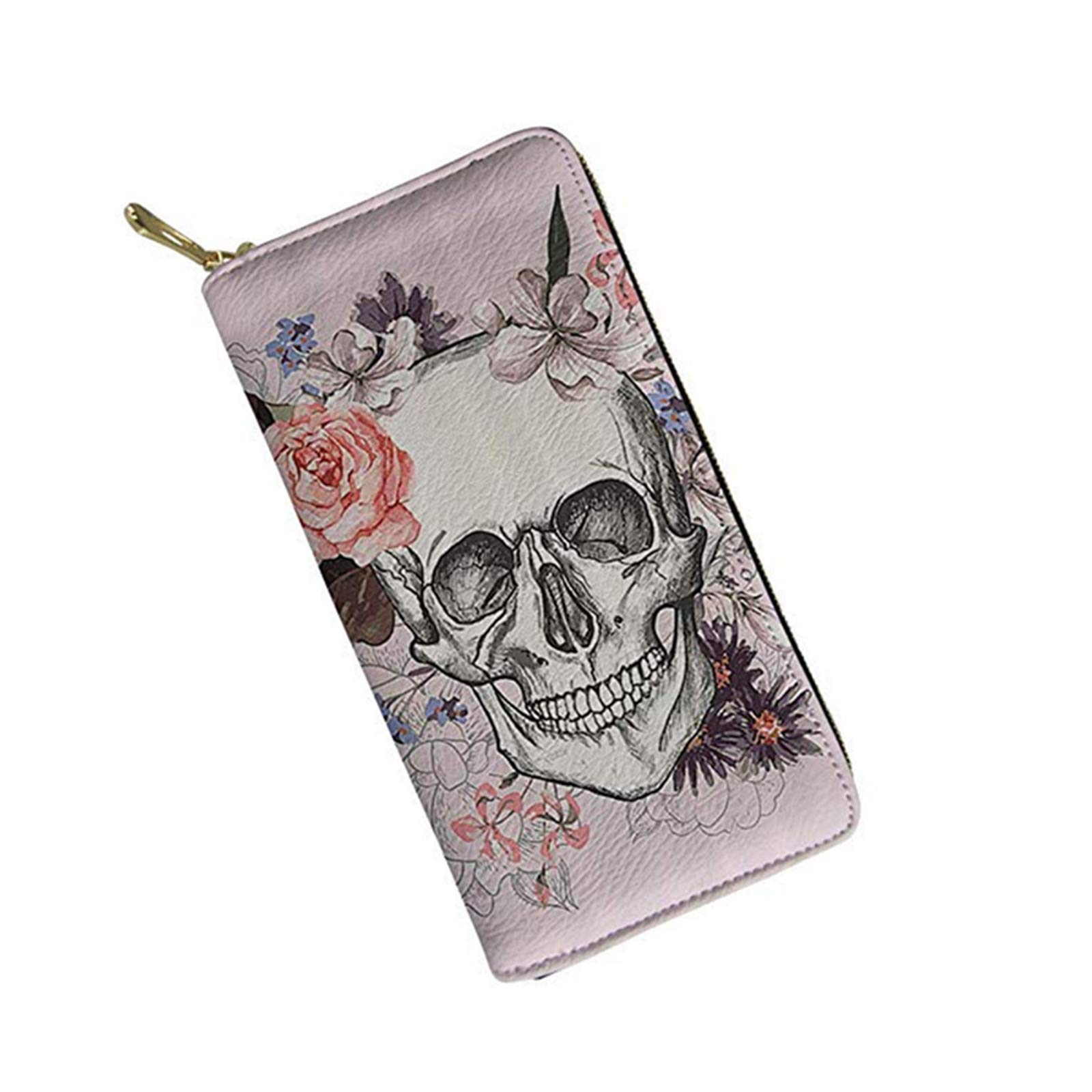 Pizding Women Zip Around Long Wallet PU Phone Clutch Travel Card Holder Purse Skull Pattern Pink