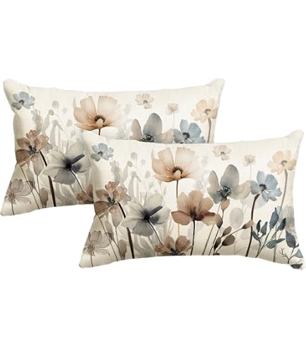 PANDICORN 12x20 Inch Poppy Flower Pillow Cover - Blue Beige Farmhouse Decor For Sofa, Porch