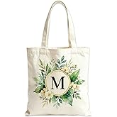 LUFARO Letter Initial Canvas Tote Bag for Women, Personalized Floral Tote Bags for Woman Wedding, Reusable Birthday Bags for Gift, Cute Shoulder Bags for Shopping, Work&Daily Use, 14 * 15 in, 1PCS