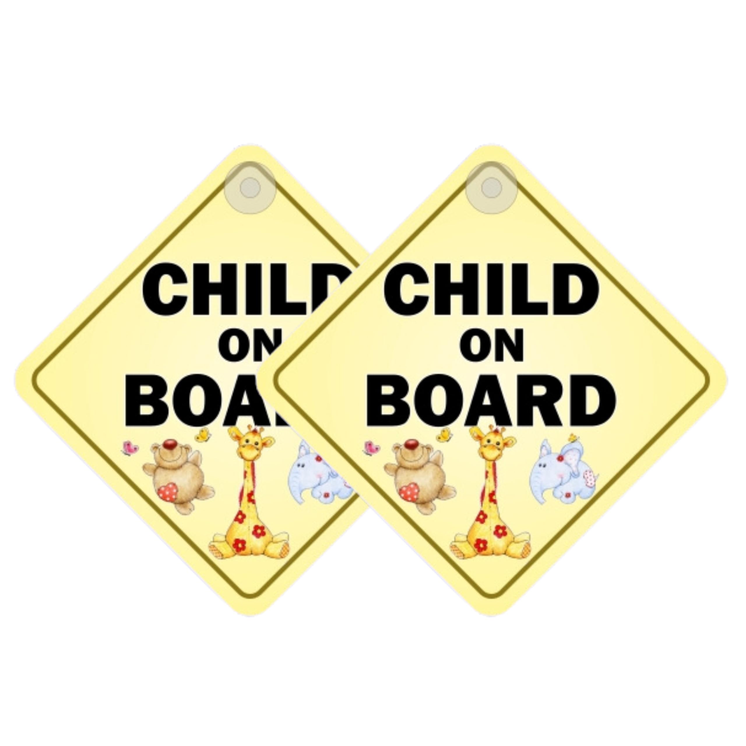 Tek Automotive Child on Board Car Sign – Twin Pack, 14x14cm Screen Printed Vinyl, Baby on Board Sticker for Car, Window Stickers for Cars, Easy Fit with Window Sucker, Car Accessories for Kids