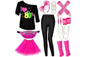 WILDPARTY WlLDPARTY 80s Outfit Women Costume Accessories Set, T Shirt Leggings Tutu Skirt Fanny Pack Headband Earring Necklace Fishnet Gloves Legwarmers 80s Party outfits Black-(Leggings)-Plus-XL