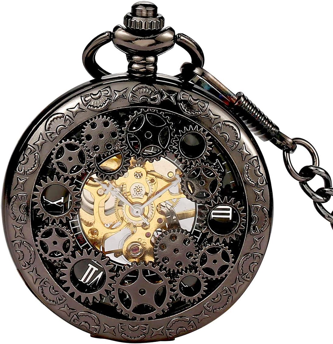 BOSHIYA Mens Vintage Skeleton Pocket Watch Steampunk Windup Half Hunter Mechanism Gear Cover with Chain