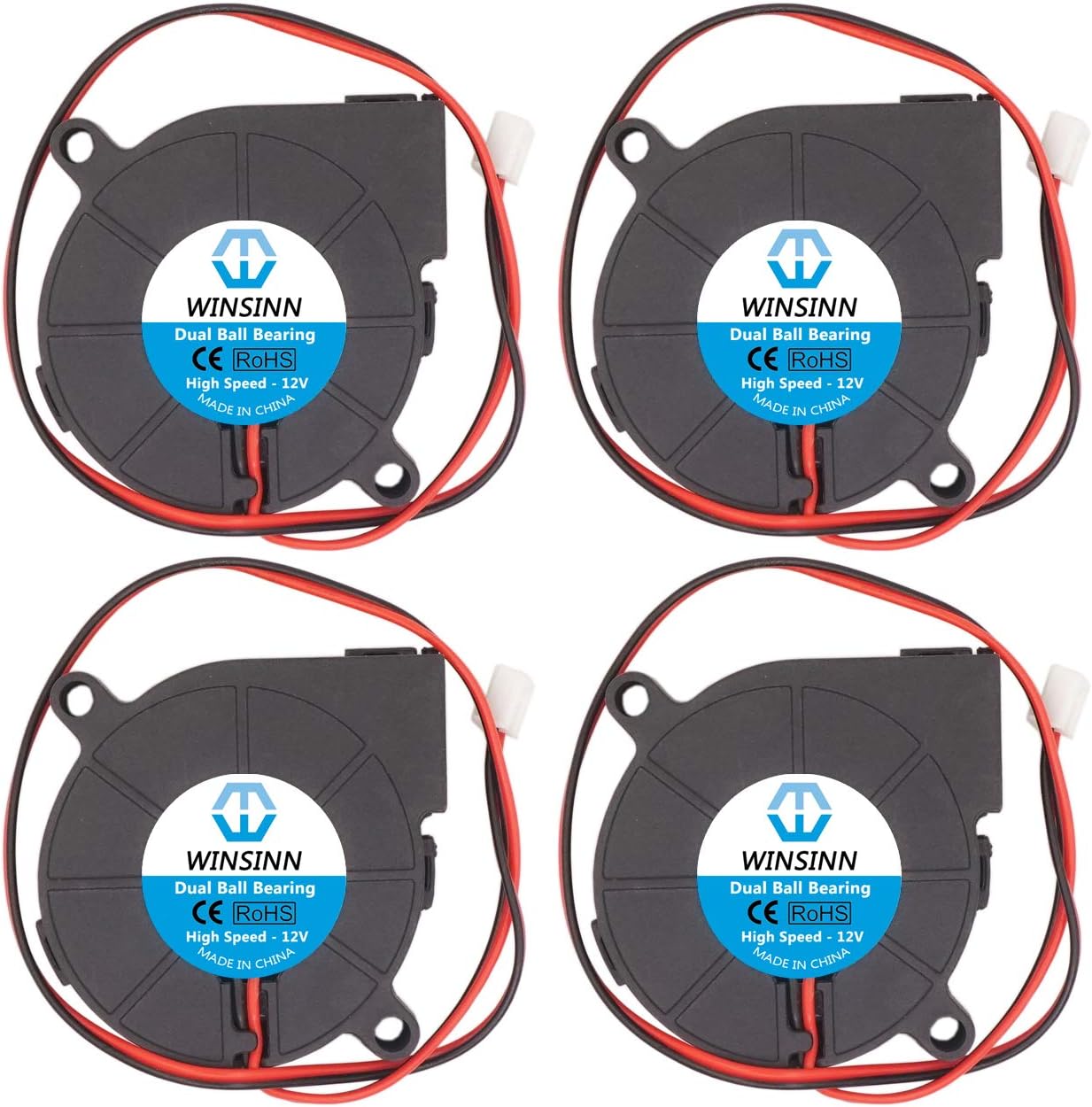 WINSINN 50mm Blower Fan 12V 5015 Dual Ball Bearing 50x15mm Turbine Turbo Brushless - High Speed (Pack of 4Pcs)