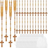 Tenceur 24 Pcs Wooden Rosary Bead Necklace Wood Catholic Carved Beads with Jesus Cross First Communion Rosary Bulk with Organza Bags Baptism Favors Catholic Gift for Men Women