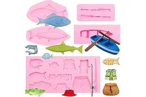 XCAKE LCOOK Fishing Set Silicone Molds 5Pcs, Fishing Tool Fishing Rod Fish Basket Chocolate Molds, Boat Oar Minnow Cake Decoration Fondant Molds for Baking Cupcake Topper Candy Cookie Clay Resin DIY Crafts
