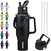 BJPKPK Insulated Water Bottles with Straw Lid, 35oz Metal Water Bottle with 2 lids & Paracord Strap, Double Wall Stainless Steel Tumbler with Handle, Reusable Cups, Mugs, Thermo, Black