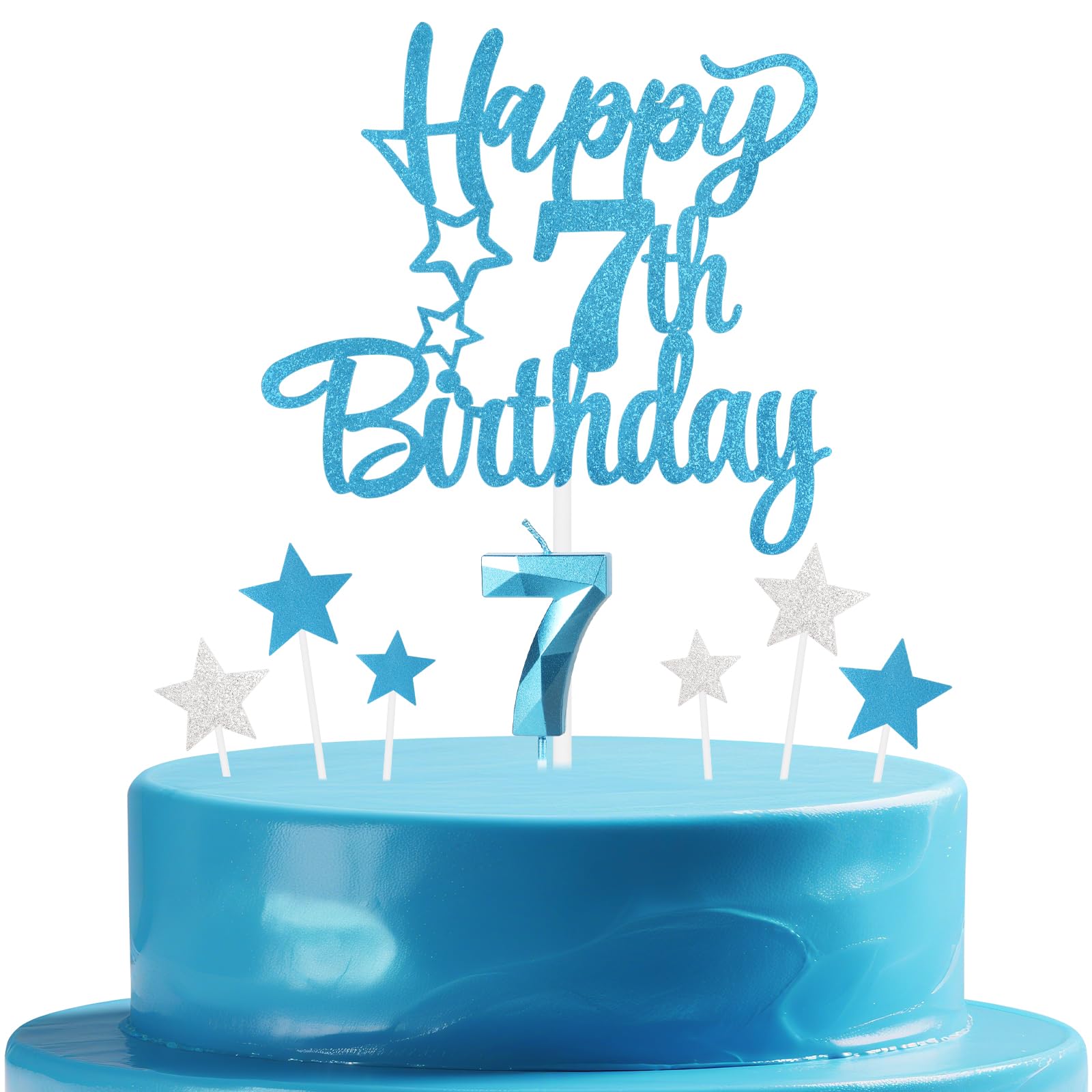 mciskin Blue 7th Birthday Candles Cake Toppers Set,3D Number 7 Candle for Cake,Light Blue Candles Silver Star Toppers for Girls Boys 7th Birthday Decorations Party Supplies