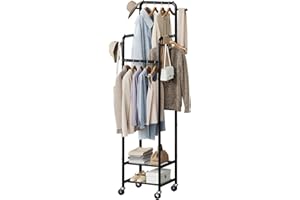 Chrislley Heavy Duty Clothes Rack with Wheels, 71" Portable Clothing Rack with 2 Shelves and 4 Hooks, Small Rolling Garment R