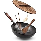 BIELMEIER Wok Pan 12.5", Woks and Stir Fry Pans with lid, Carbon Steel Wok with Cookware Accessories, Flat Bottom Suits for all Stoves