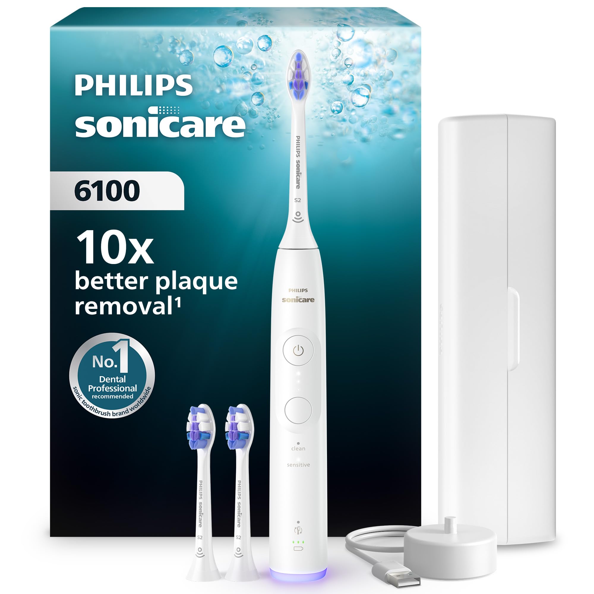 Philips Sonicare 6100 elektrische Zahnbürste, Schallzahnbürste mit 2 Putzmodi, 3 Intensitätsstufen, Andruckkontrolle, EasyStart, SmarTimer, Reiseetui, Weiß, Modell HX7400/02 [Neue Technologie]