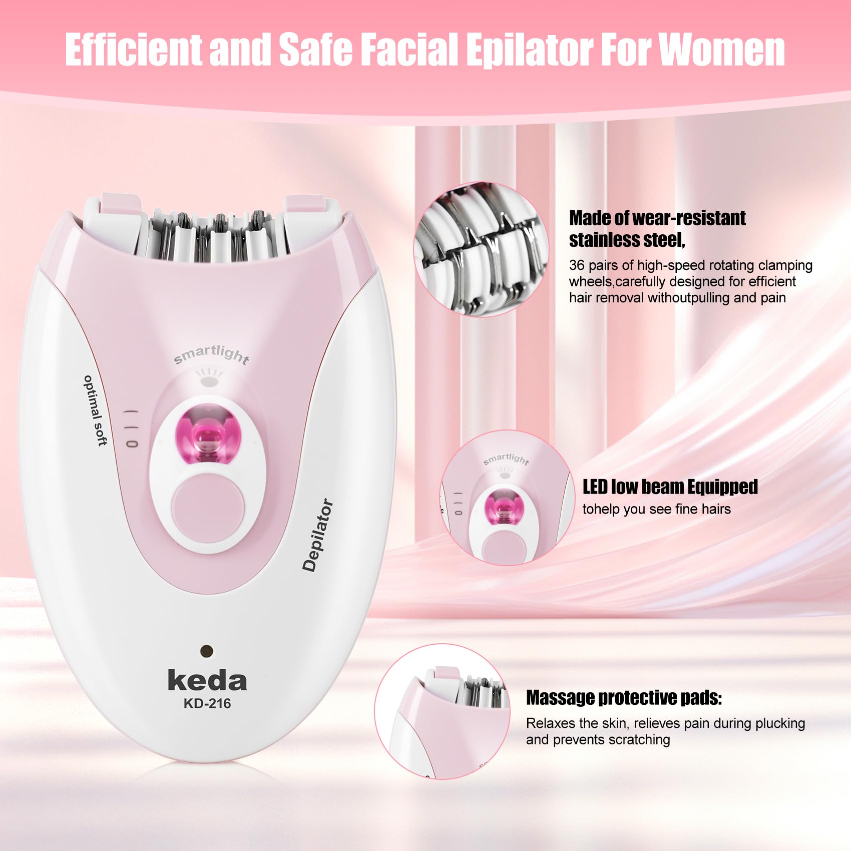 Epilators Hair Removal for Women, 2 Speed Hair Removal Device with LED Light, Rechargeable Trimmer for Epilator Bikini, Face, Arm, Legs, Armpits