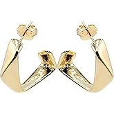 1 Inch Modern Square Geometric Abstract Sculpture Half Hoop Earrings for Women, Gold Filled, Push Back Closures