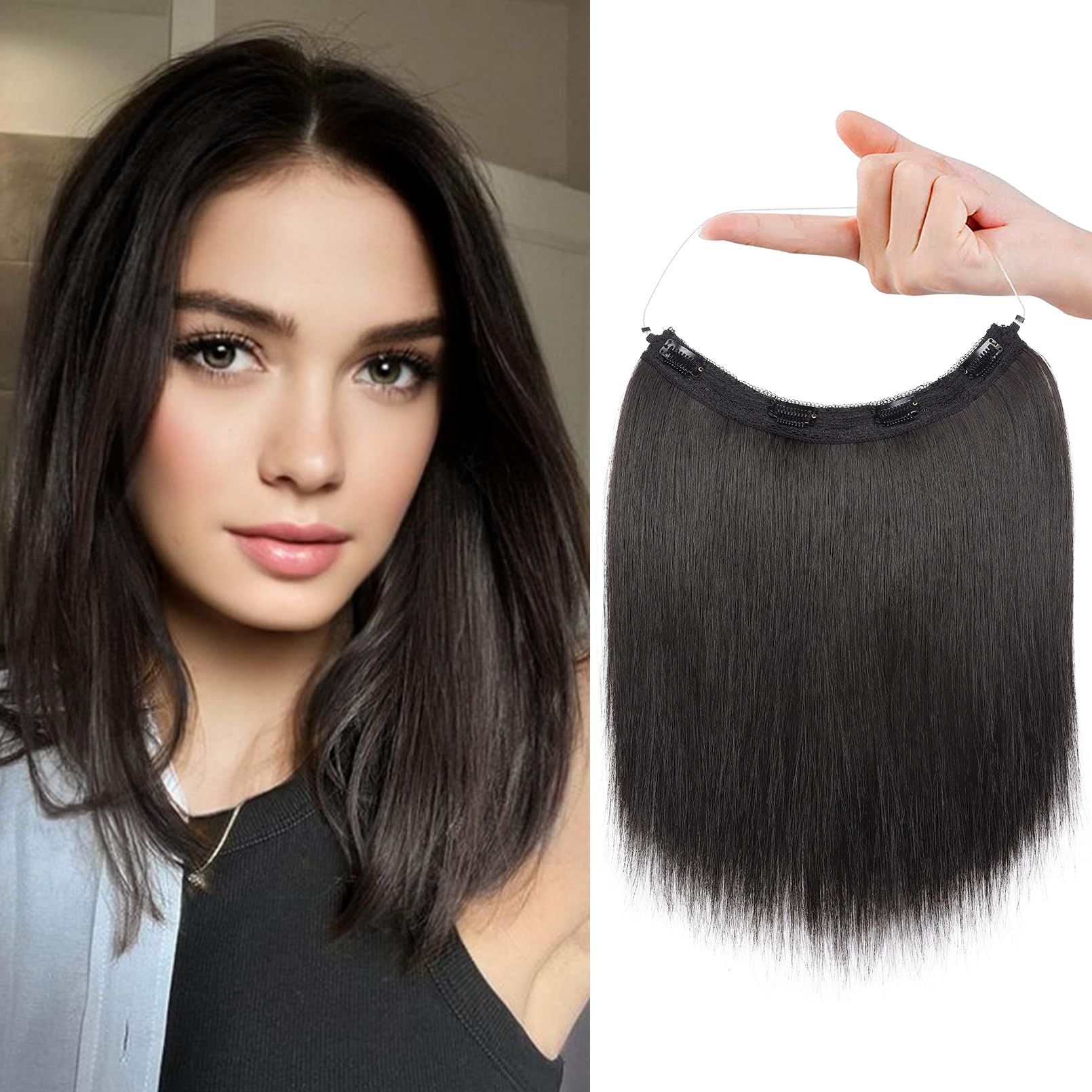 Photo 1 of REECHO 12" Invisible Wire Hair Extensions with Thinner Softer Lace Weft Adjustable Size Removable Secure Clips in Short Straight Secret Hairpiece for Women (Deep Brown)