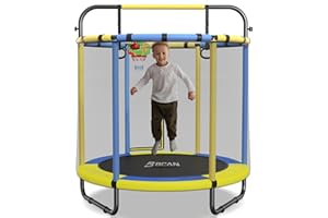 BCAN 55" Trampoline for Kids with Thickened Enclosure Net, Toddler Trampoline Indoor/Outdoor with Adjustable Gymnastics Bars & Basketball Hoop,Gifts for Boys & Girls Ages 1 to 8