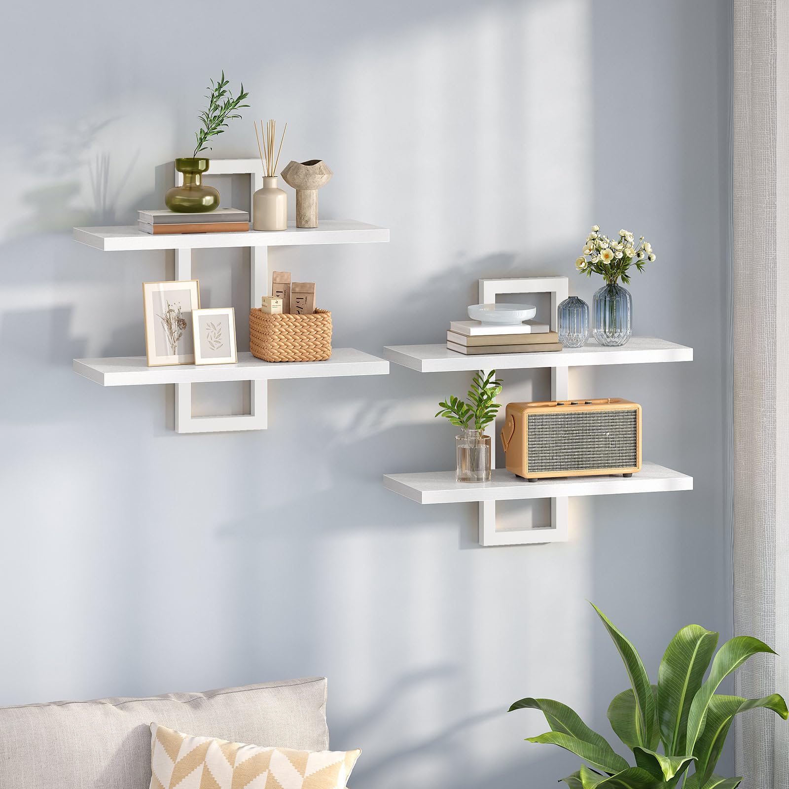 Photo 1 of HOOBRO Floating Shelves, 15 Inch Wall Shelf Set of 2, Wall Mounted Storage Shelves 2-Tier, Hanging Bathroom Shelves, for Living Room, Bedroom, Bathroom, Kitchen, White WW32BJ01