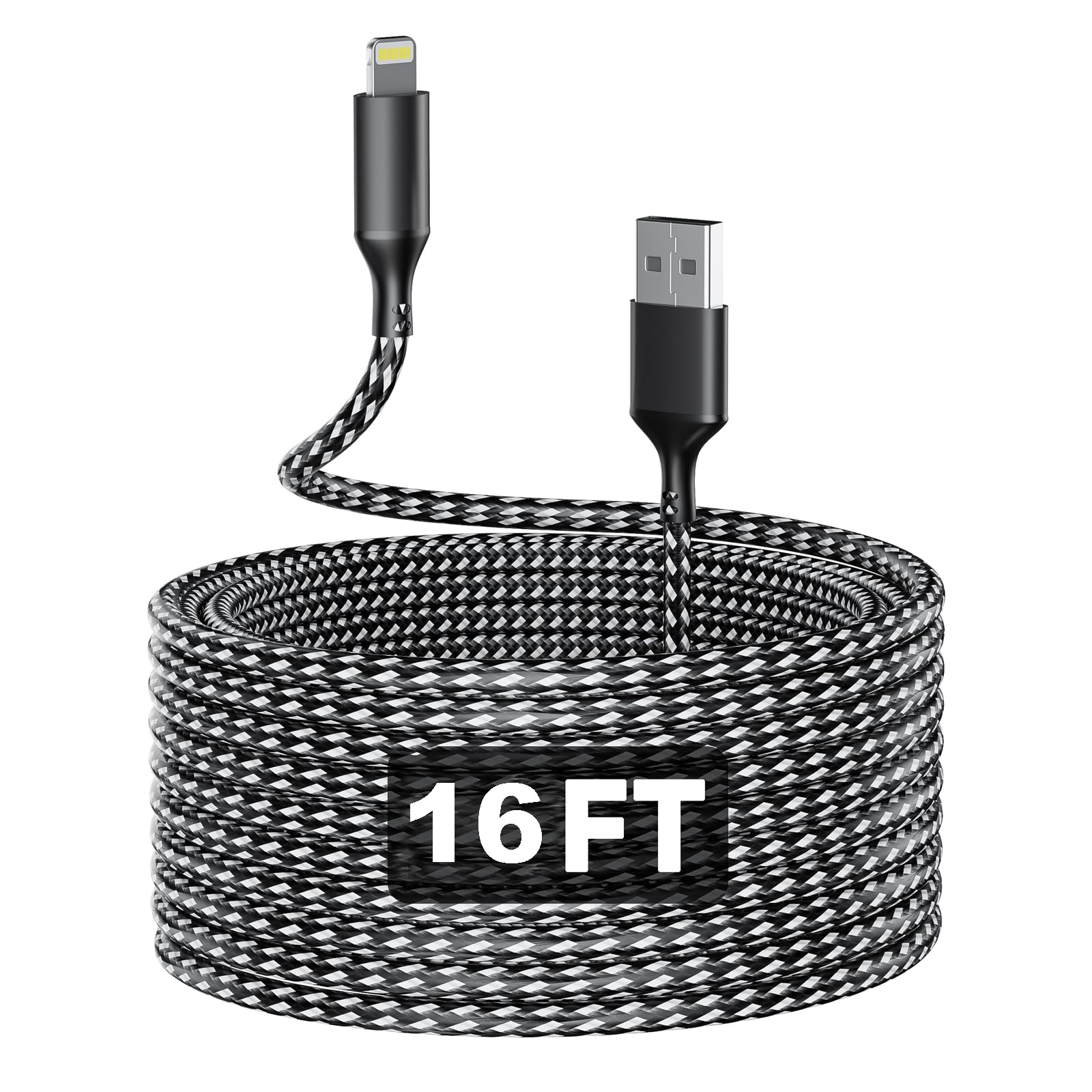 Photo 1 of 16 FT iPhone Charger Cord, USB-A to Lightning Extra Long Charging Cable, Apple MFi Certified Braided Cable for iPhone, iPad