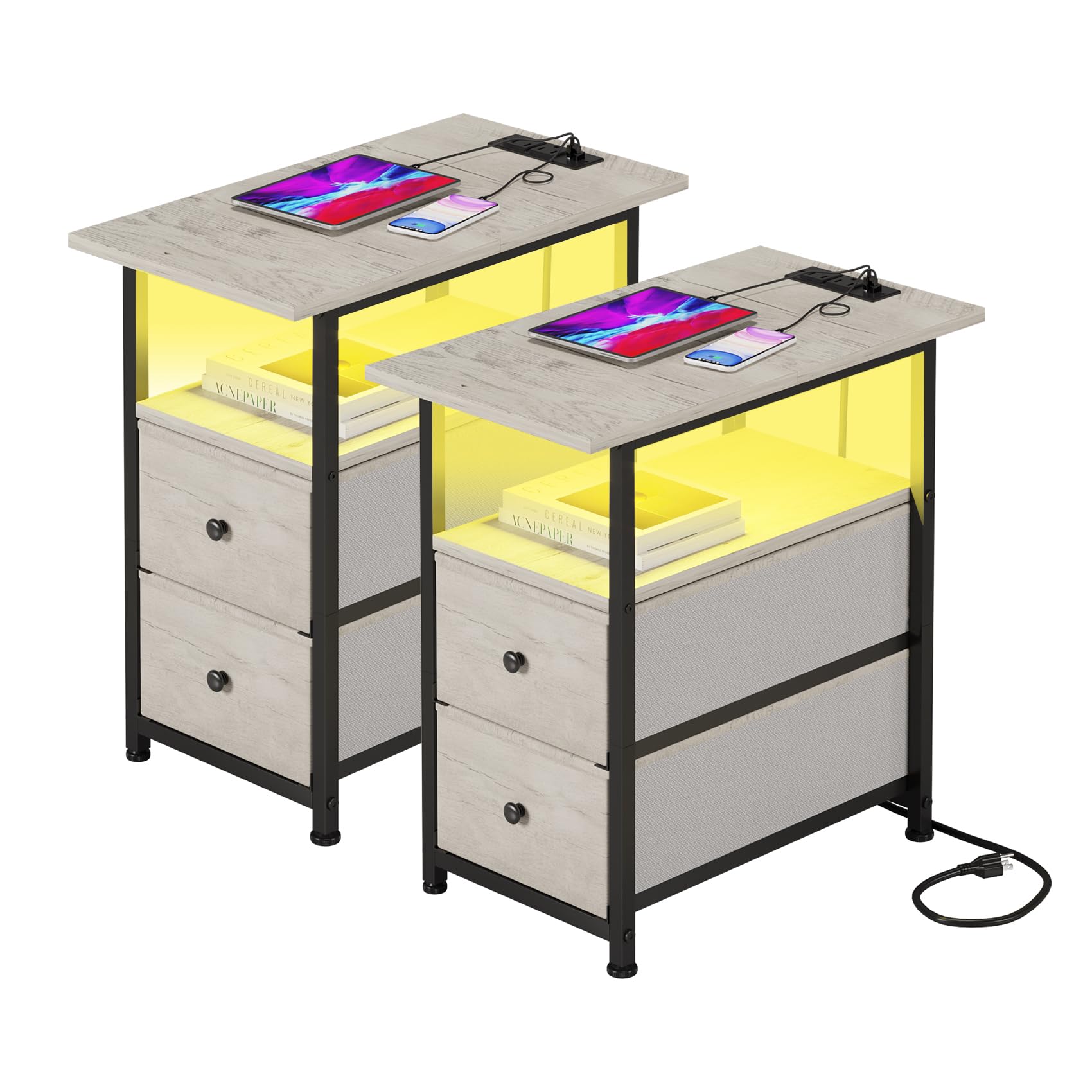 Photo 1 of LUMTOK End Table with LED Light Set of 2,2 Fabric Drawers End Table with Charging Station, Narrow Nightstand with Storage Shelf for Small Space,Living Room, Bedroom, Bedside (Greige - Set of 2)