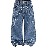 Verdusa Toddler Girl's Rhinestone Sparkly Wide Leg Jeans Streetwear Denim Pants with Pockets