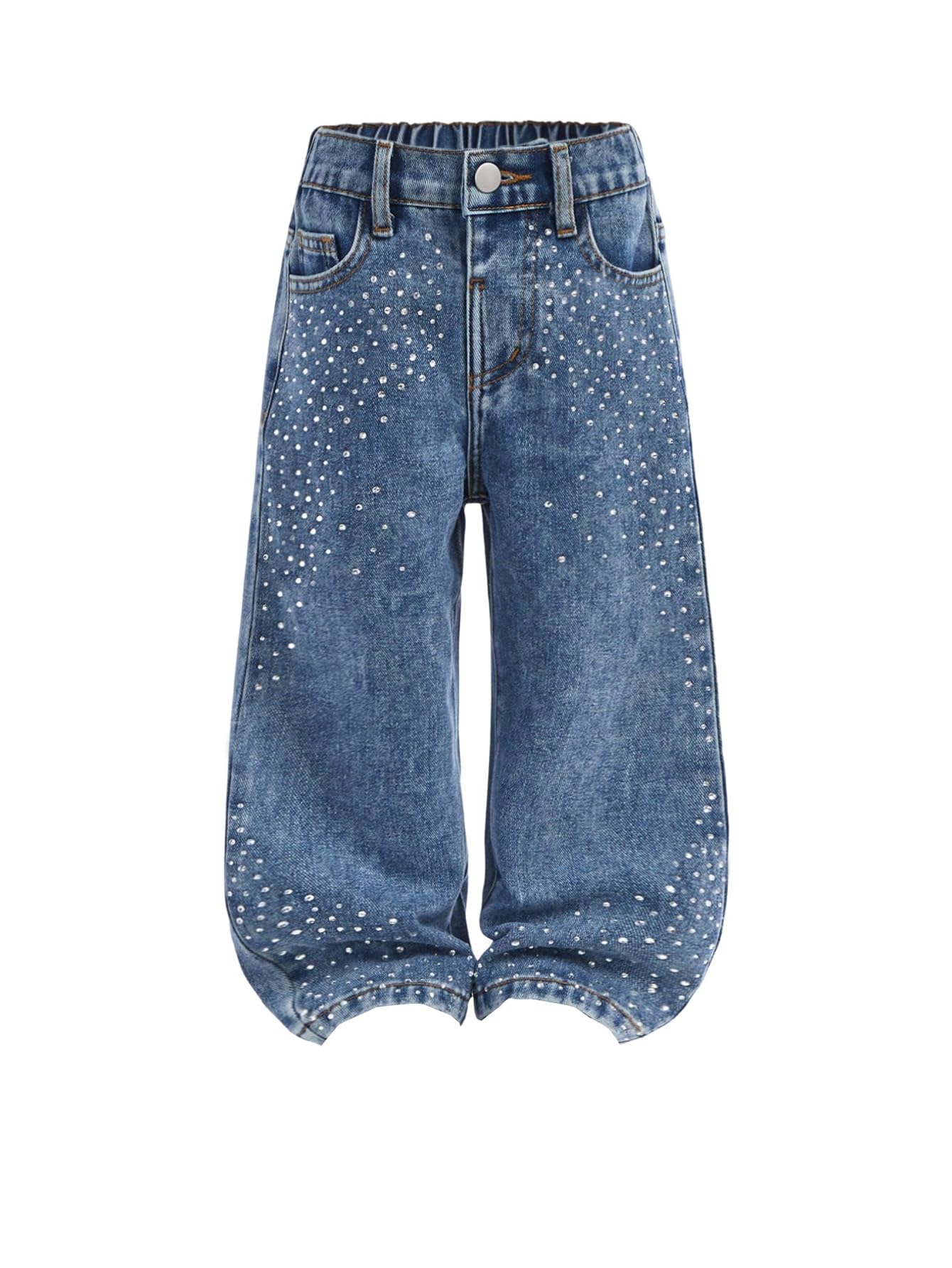 Photo 1 of Verdusa Toddler Girl's Rhinestone Sparkly Wide Leg Jeans Streetwear Denim Pants with Pockets Medium Wash 7 Years