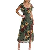 Caracilia Women Square Neck Floral Tulle Wedding Guest Bridemaid Dresses Summer Ruffle Sleeve High Slit Formal Midi Dress