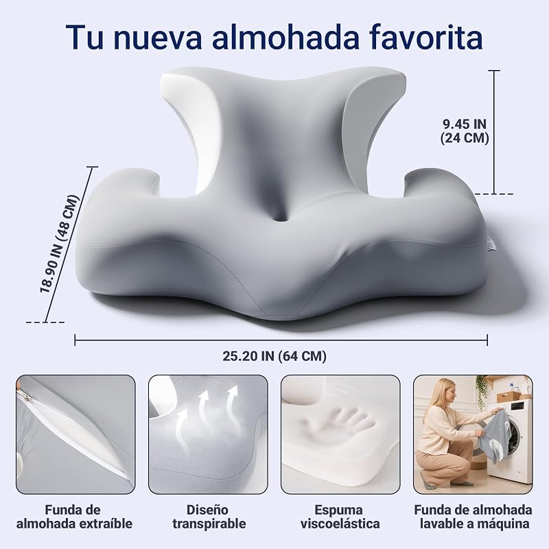 Almohada Cervicales y Cuello - Ergonómica para Dormir de Lado, Boca Arriba o Abajo, Espuma Viscoelástica, Diseño con Espacio para Orejas y Brazos, Funda Transpirable, 64×48×24 cm, Gris