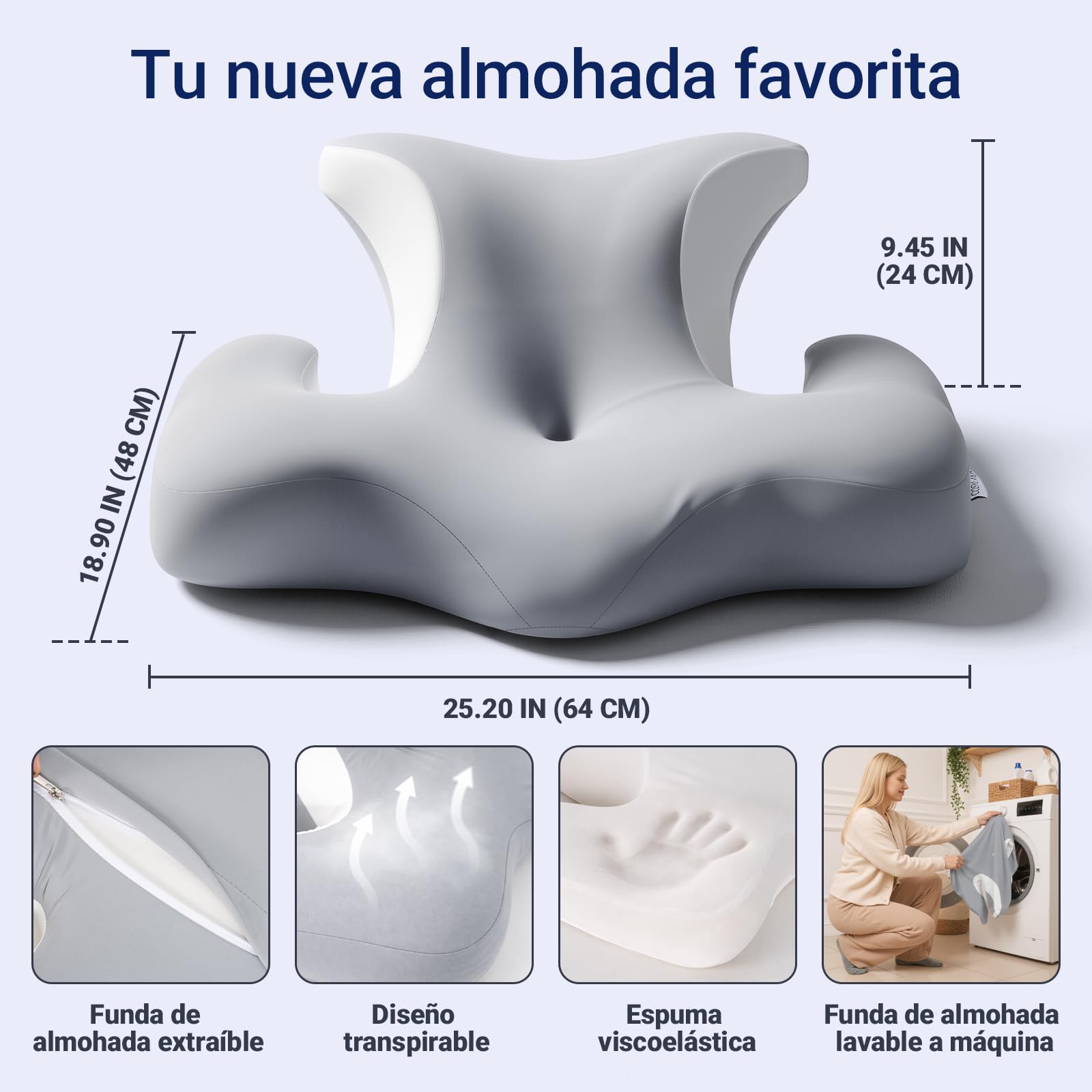 Almohada Cervicales y Cuello - Ergonómica para Dormir de Lado, Boca Arriba o Abajo, Espuma Viscoelástica, Diseño con Espacio para Orejas y Brazos, Funda Transpirable, 64×48×24 cm, Gris