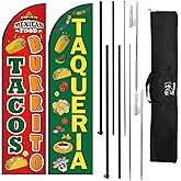 Tacos Burritos Mexican Food Feather Flag Pole Kit,Business Advertising For Mexican Restaurant Store Include 8 ft Banner Flags and 12 ft Flag Pole Kit,Heavy Duty Ground Stake and Portable Travel Bag (red and green)