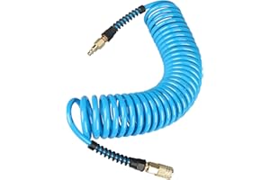 Keepro Polyurethane Recoil Air Hose, 1/4 Inch ID By 25 Feet Long Air Compressor Hose with Repairable Solid Brass 1/4" Industrial Quick Coupler and Plug, 145 PSI Maximum Pressure, Blue