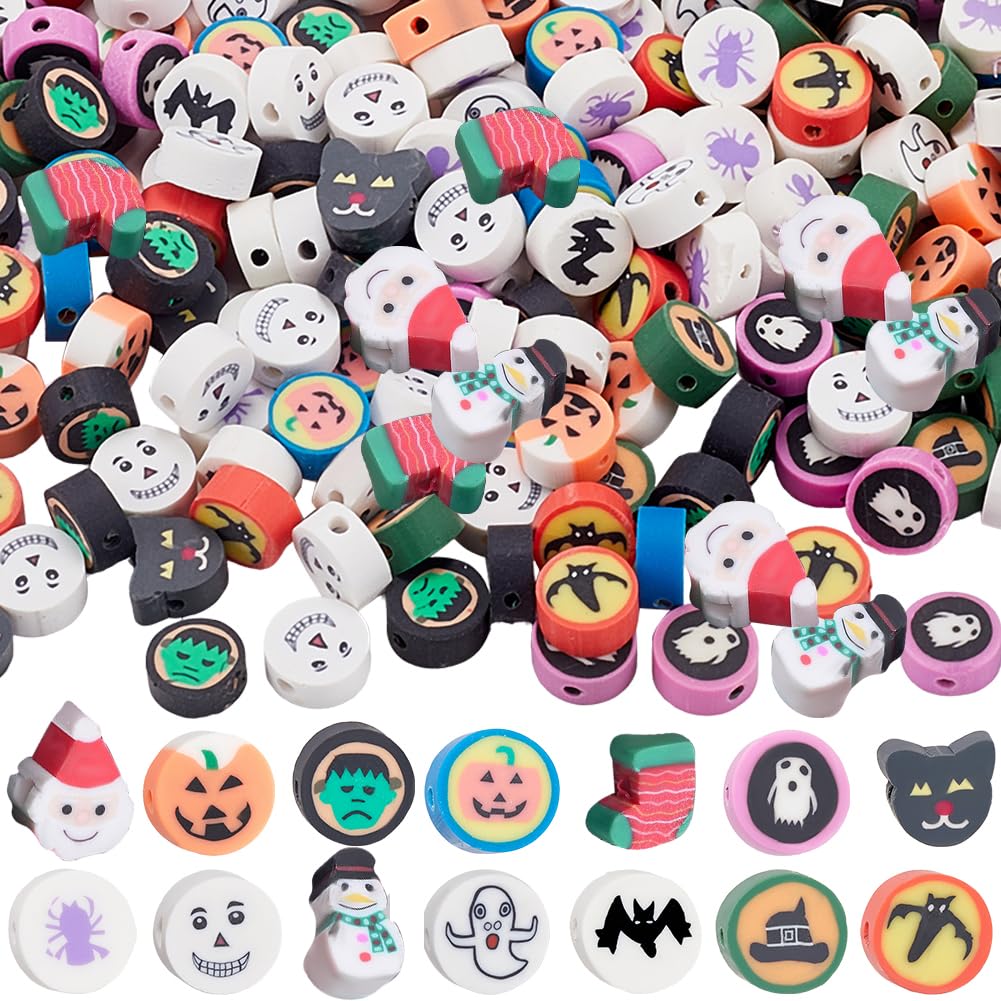 SOFPLATE 1 Box 300Pcs Halloween Clay Bead Christmas Polymer Clay Beads Random Style Holiday Snowman Pumpkin Ghost Heishi Spacer Beads for Jewelry Making Supplies DIY Bracelet Earring Necklace Crafts