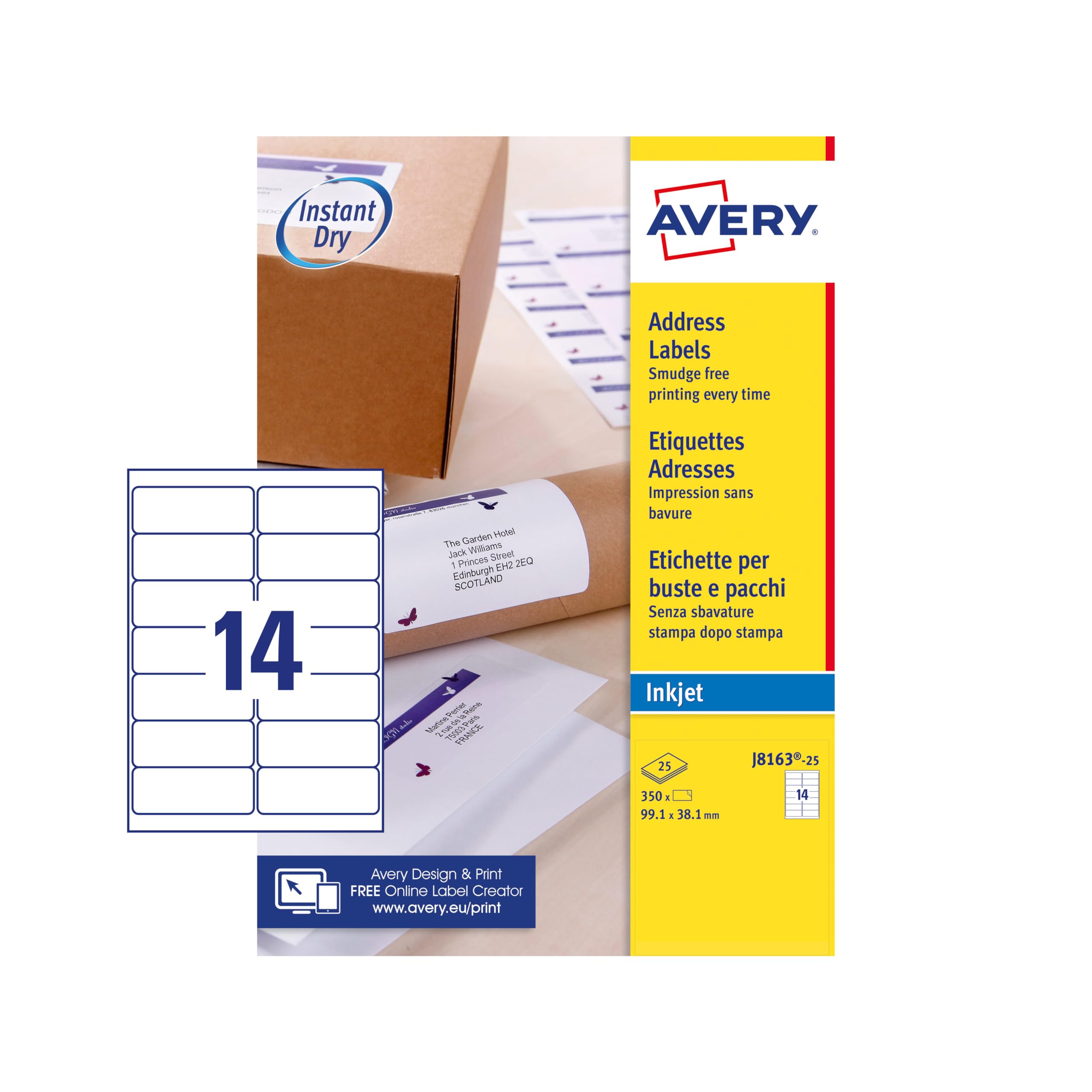 Avery Smudge Free, Printable, Address Labels, Quickdry, 99.1 x 38.1 mm, White, 14 Labels per Sheet, 350 Blank Labels per Pack (J8163-25)