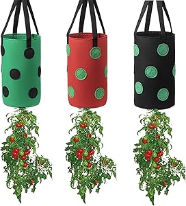 FGYZYP Garden Hanging Tomato Strawberry Planting Grow Bag, 3 Pcs Multi-Color Upside Down Vegetable Planter with 12 Grow Holes & Handle, Grow Hanger Bag for Tomato Chili Strawberry Fruit House Garden