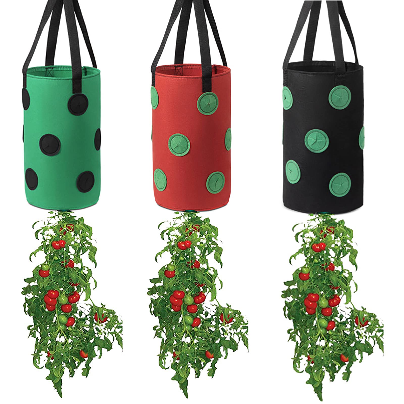 FGYZYP Garden Hanging Tomato Strawberry Planting Grow Bag, 3 Pcs Multi-color Upside Down Vegetable Planter with 12 Grow Holes & Handle, Grow Hanger Bag for Tomato Chili Strawberry Fruit House Garden