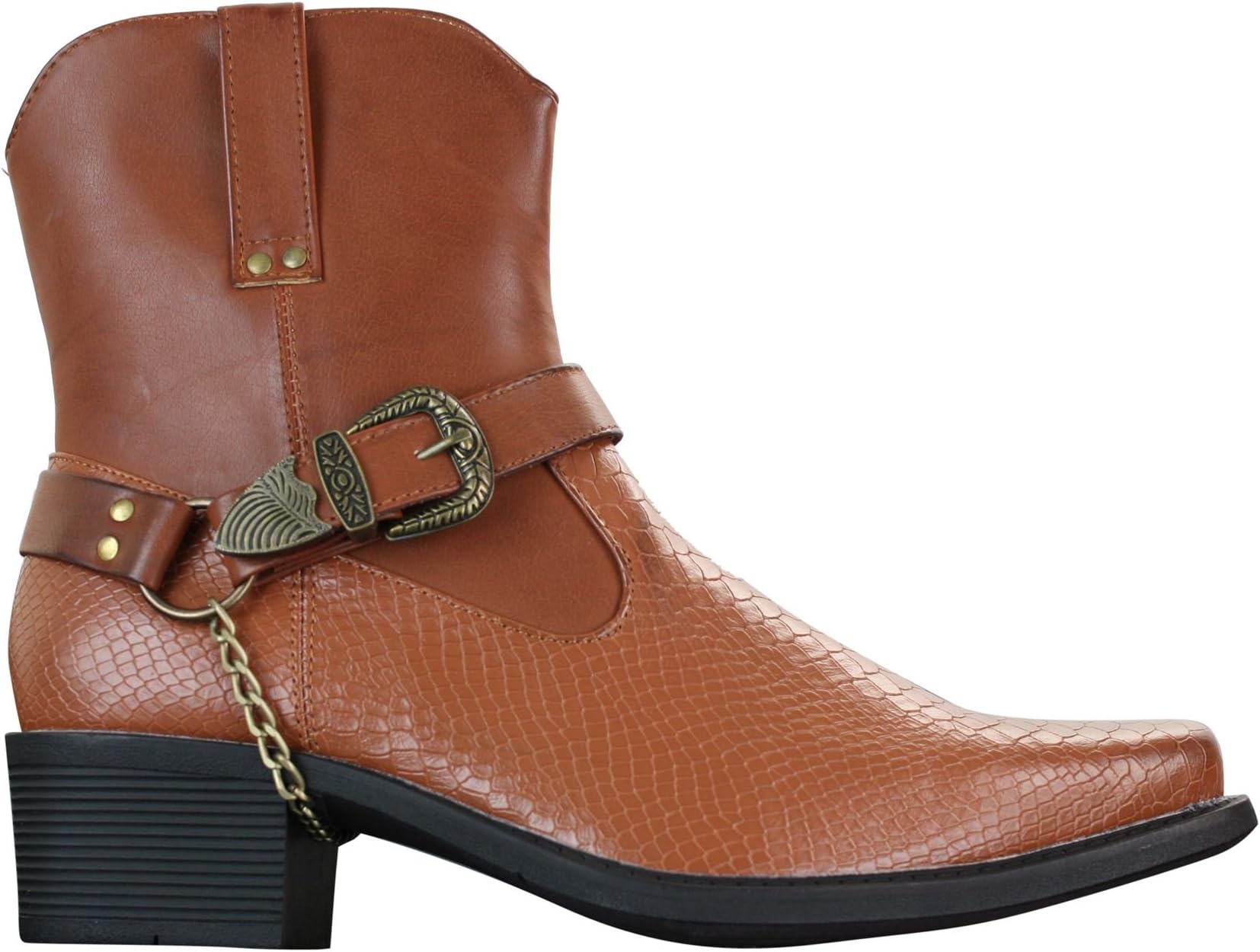 Mens White Black Snake Leather Look Cowboy Riding Western Chain Ankle Boots