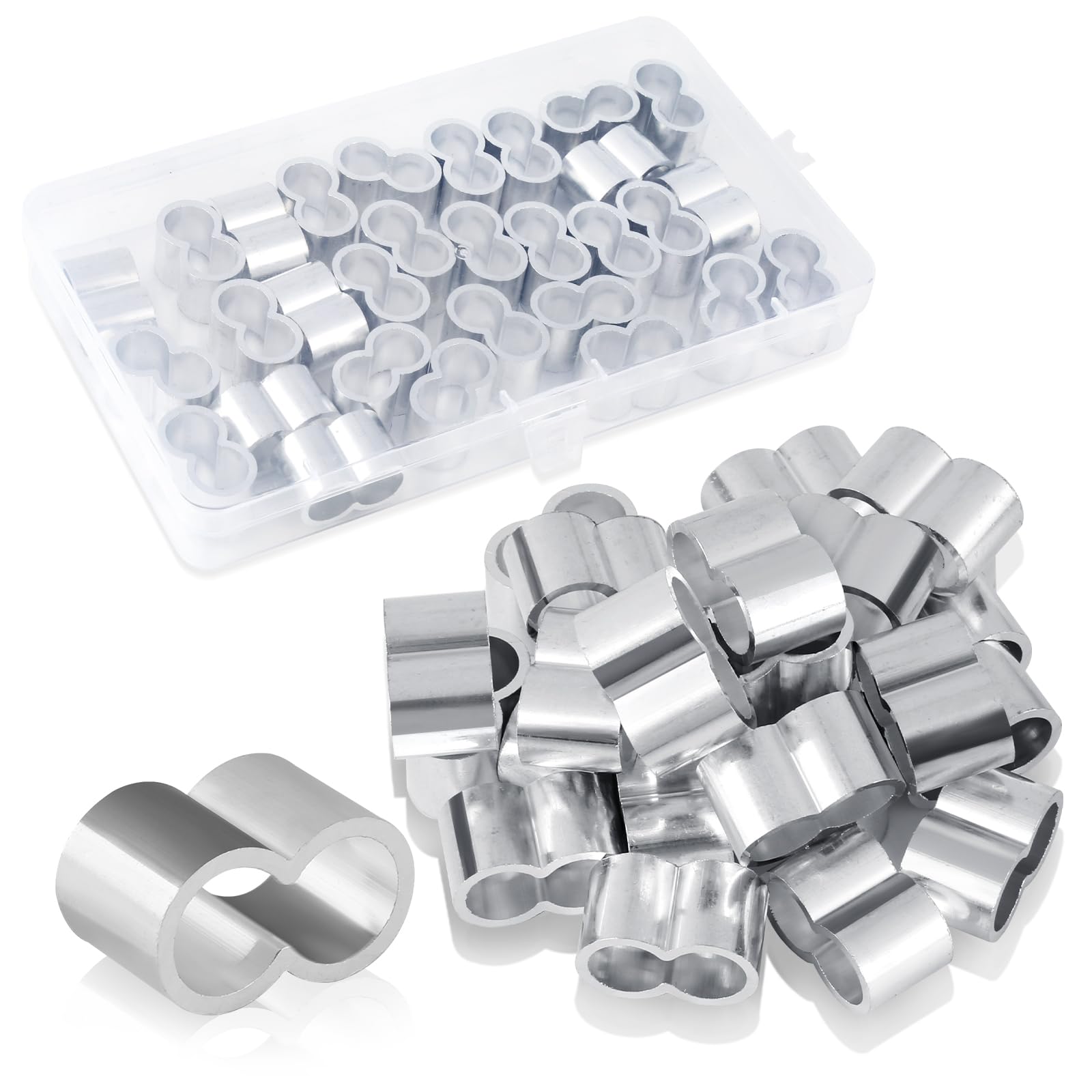 Jwogngls 30 Pieces Rope Clamp 8 mm Aluminium Crimping Loop Choke Clamps with Storage Box Double Sleeves Press Clamps for Rubber Rope, Expander Rope, Tarpaulin Rope (10 mm)