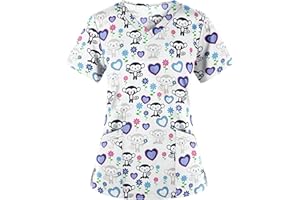 UOFOCO Cartoon Cute Printed Nursing Scrubs Shirts for Women 2024 New Fun Color Medical Plus Size Scrub Tops with Designs