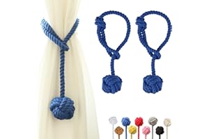 OCIOLI 2 Pieces Curtain Tiebacks Curtain Holdbacks Curtain Ties with Big Woven Ball Outdoor Curtain Tiebacks Cotton Hand Woven Curtain Rope tiebacks Decorative Tie Backs for Drapes (Blue, 2)