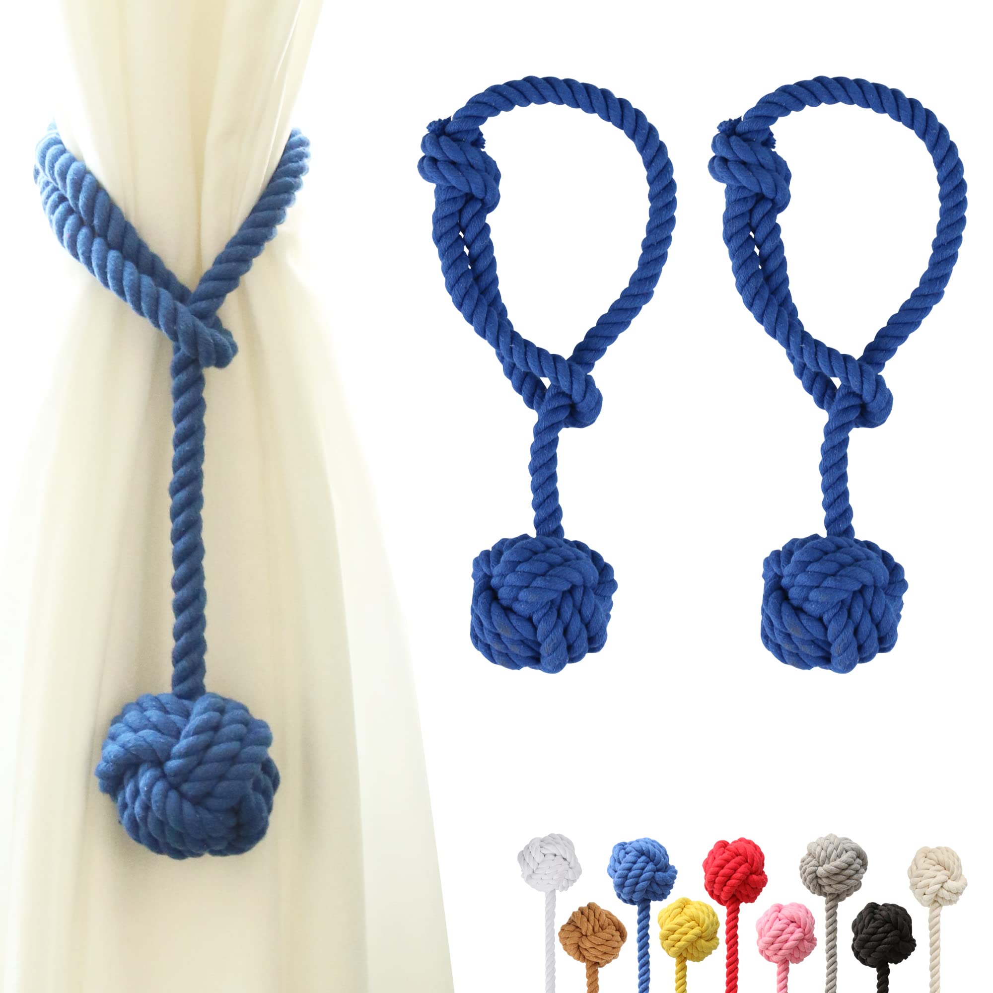 OCIOLI 2 Pieces Curtain Tiebacks Curtain Holdbacks Curtain Ties with Big Woven Ball Outdoor Curtain Tiebacks Cotton Hand Woven Curtain Rope tiebacks Decorative Tie Backs for Drapes (Blue)