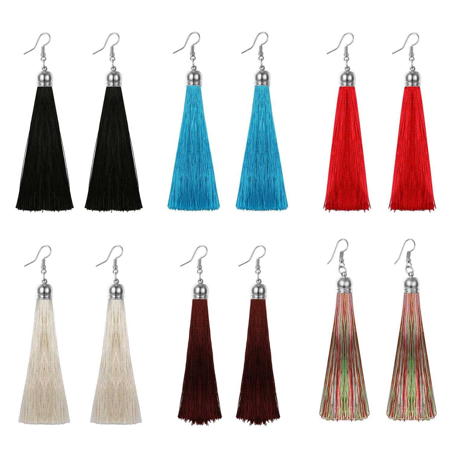 6 Pairs Thread Tassel Earrings Set,Cupimatch Long Fringe Drop Dangle Earrings for Women