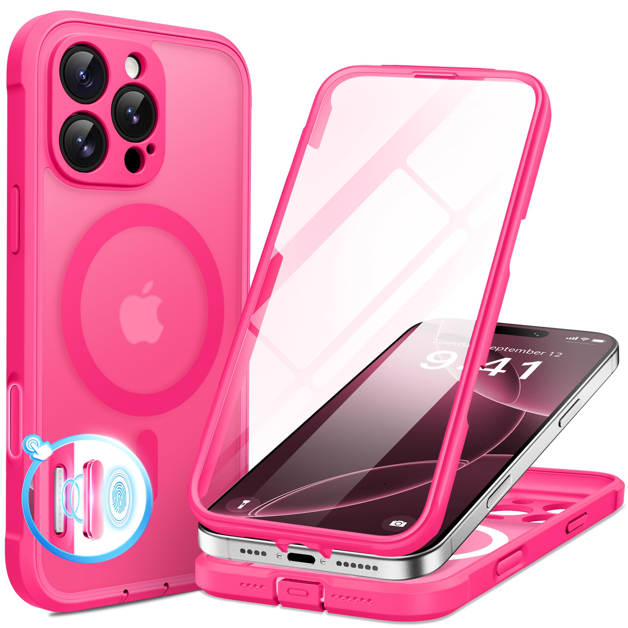 Photo 1 of BERFY for iPhone 16 Pro Case, Compatible with MagSafe, Built-in Privacy Screen Protector and Camera Protection, Anti-Spy Full Body Shockproof Matte Phone Case for 16 Pro 6.3", Hot Pink